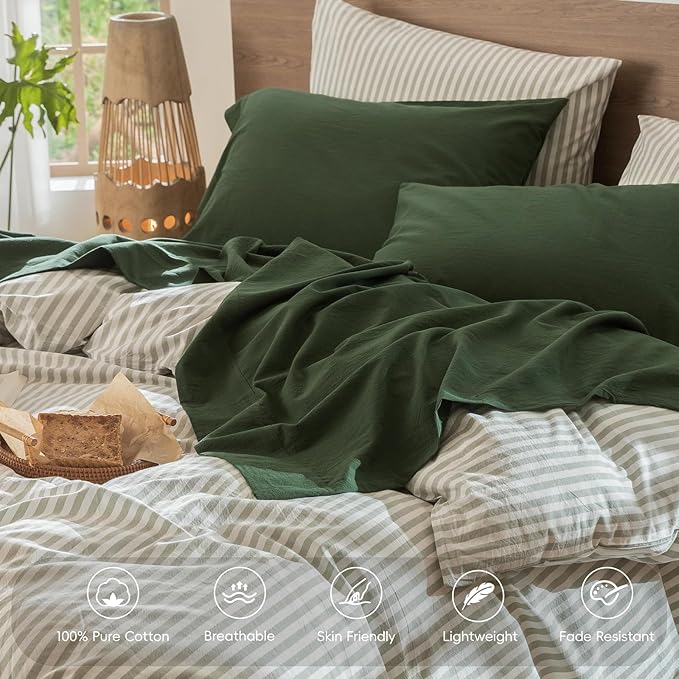 MooMee Bedding Sheet Set 100% Washed Cotton Linen Like Textured Breathable Durable Soft Comfy (Solid Forest Green, Twin)