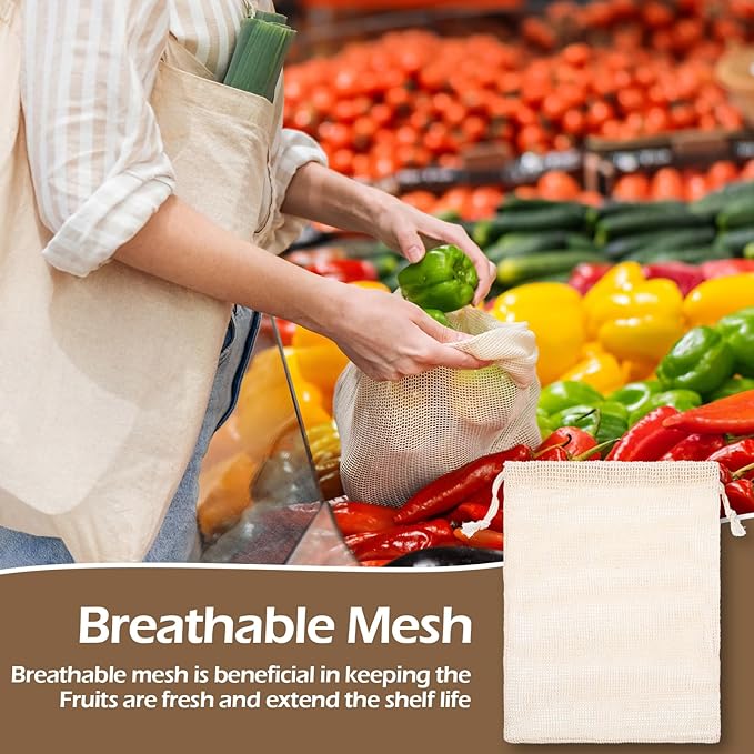 Dimeho 28 Pack Reusable Produce Bags, Mesh Vegetable Bags Washable Cotton Grocery Produce Bag with Drawstring for Vegetable Shopping Transporting Storing Farmers Market Beach