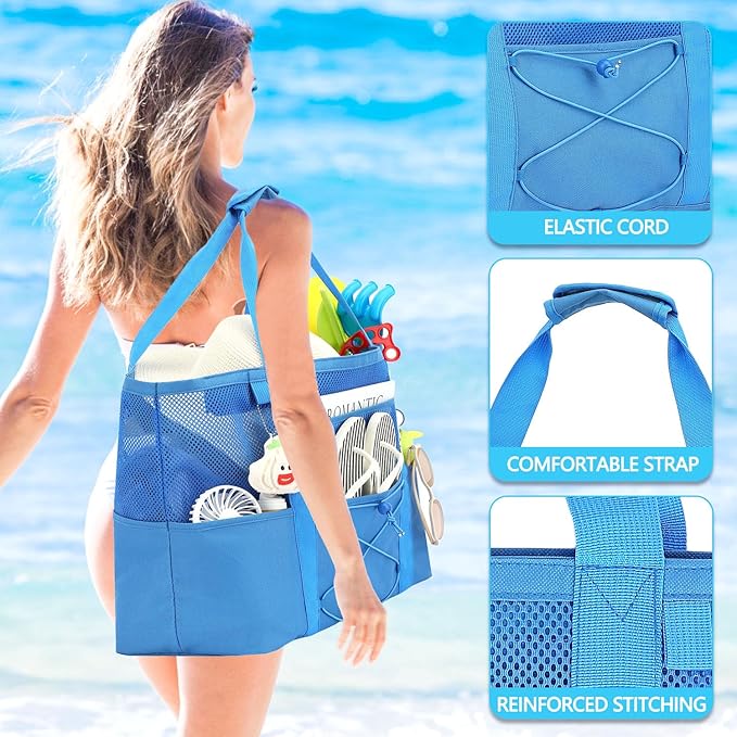 Fammart Mesh Beach Bag, Large Beach Tote with Zipper Pocket for Family Pool Bag for Toys & Vacation Essentials
