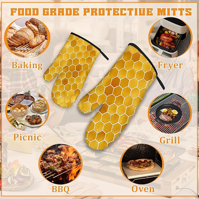 Honeycomb Oven Mitts and Pot Holders Set,Bee Kitchen Decor Heat Resistant Non Slip Hot Pads and Oven Mitt for Chef Cooking Baking BBQ Mom Girl Gifts(4 Piece Set)