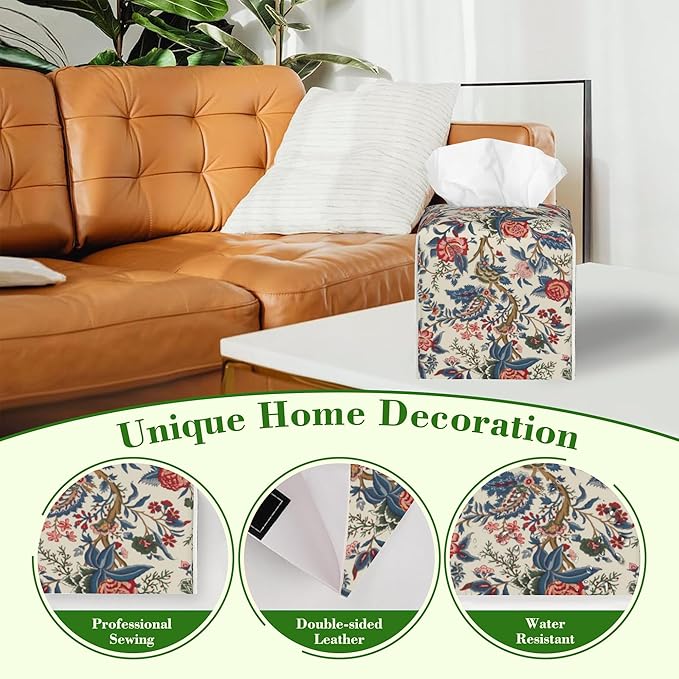 Geometric Colored Indian Flowers Tissue Box Cover,Red Boho Floral Waterproof Leather Square Tissue Box Cover Case Facial Paper Organizer Dispenser Box Holder for Home Office Bathroom Vanity Countertop