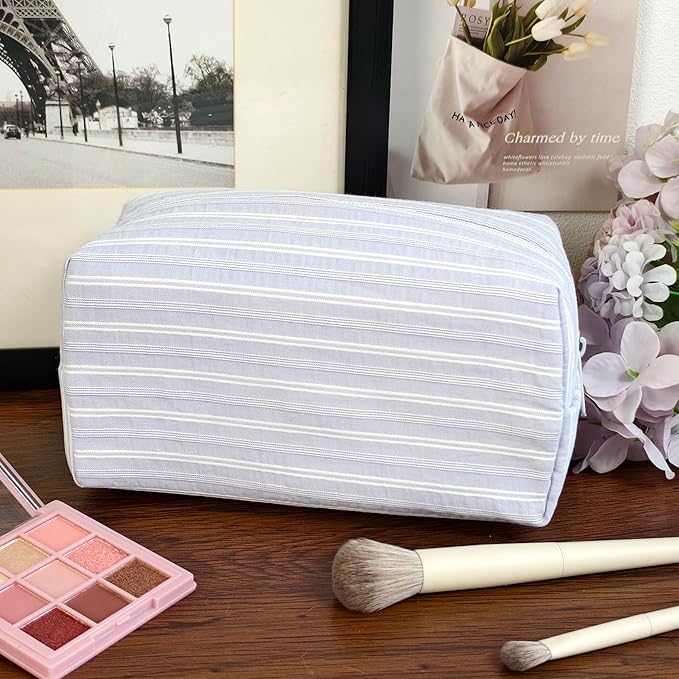STARDW Striped Cotton Makeup Bag, Cute Cosmetic Pouch with Canvas Lining & Zipper, Travel Toiletry Bag