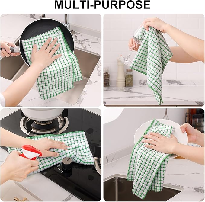 Kitinjoy Cotton 8 Pack Terry Kitchen Towels, 16 x 25 Inches Super Soft and Absorbent Dish Towels, Quick Drying Hand Towels for Kitchen Drying, Green