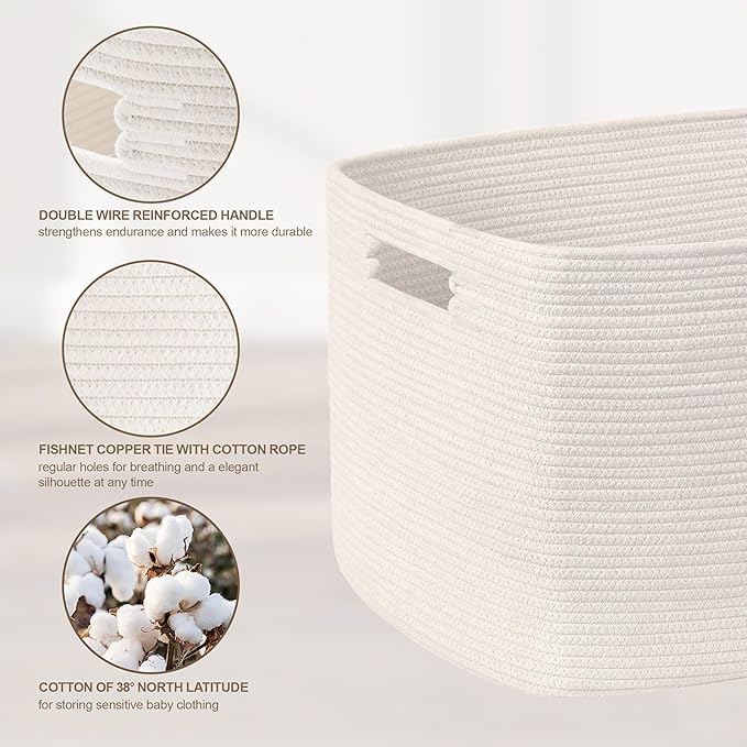 SunNewt 60L Small Baby Girls Laundry Basket for Nursery Storage,Cute Woven cotton Rope Baskets for Kids Toy，Gifts,Boho Square Wicker Blanket hamper for Living Room,Bedroom Dirty Clothes, White
