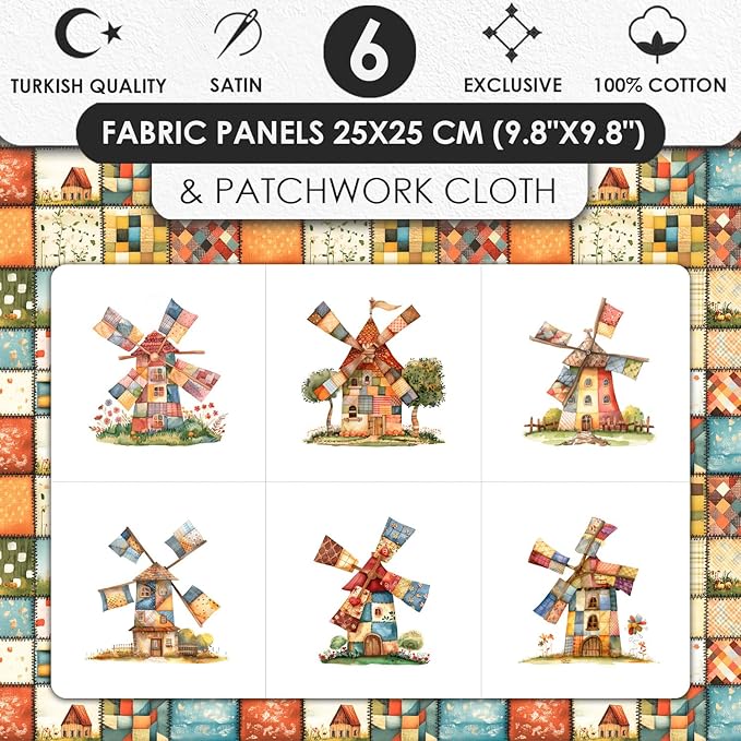 Patchwork Fabric Panel with Windmill Designs – 100% Cotton Satin, 6 Printed Panels 9.8”×9.8” + Patchwork Sheet 29.5”×19.7”, Single Continuous Cloth for Quilting & Sewing