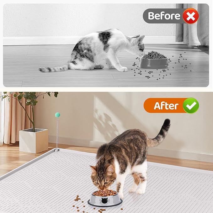Bartuke Cat Food Mat with Toy Ball, 38'' x 25'' Extra Large Silicone Pet Feeding Mat with Raised Edge Pet Placemat for Food and Water Bowl Non-Slip, Easy to Clean, Floor Protection (White)