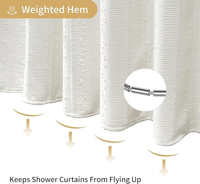 Lameirose White Shower Curtain Boho, Textured Shower Curtain Cotton Blend Waffle Weave Stripe Fabric Shower Curtains for Bathroom, Hotel, Washable, 72 x 72