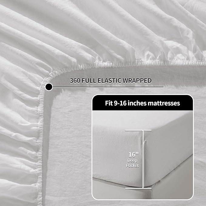 LBRO2M 100% Linen Sheet Set California King Size, Bed Sheets 6 Piece Sets,Solid Color Natural Flax Bed Sheets Soft Breathable Bedding,16" Deep Pocket,All Season (Cal King, White)