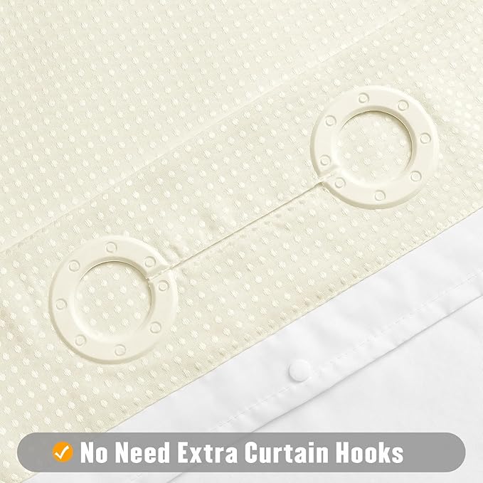 MitoVilla No Hooks Needed Ivory Waffle Shower Curtain Liner Set, Modern Waffle Weave Heavy Duty Fabric Cloth Shower Curtain with Snap-in Liner for Luxury Neutral Hotel Spa Bathroom Decor