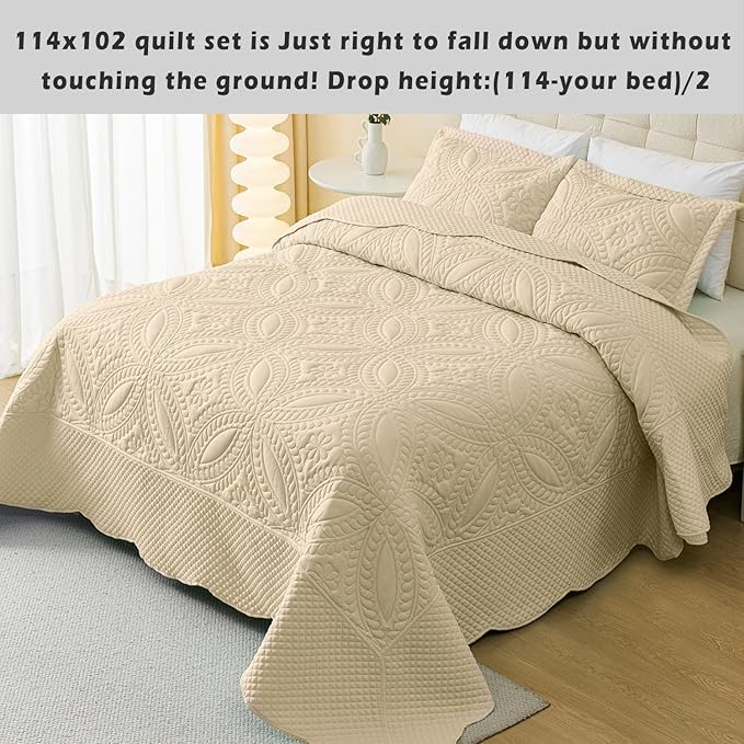 Cmfshape Oversize King Bedspread 114"x102",3 Pieces California King Size Quilt,Lightweight Beige Quilt Set for All Season,Modern Coin Pattern Bedding Set(1 Quilt,2 Pillowshams)