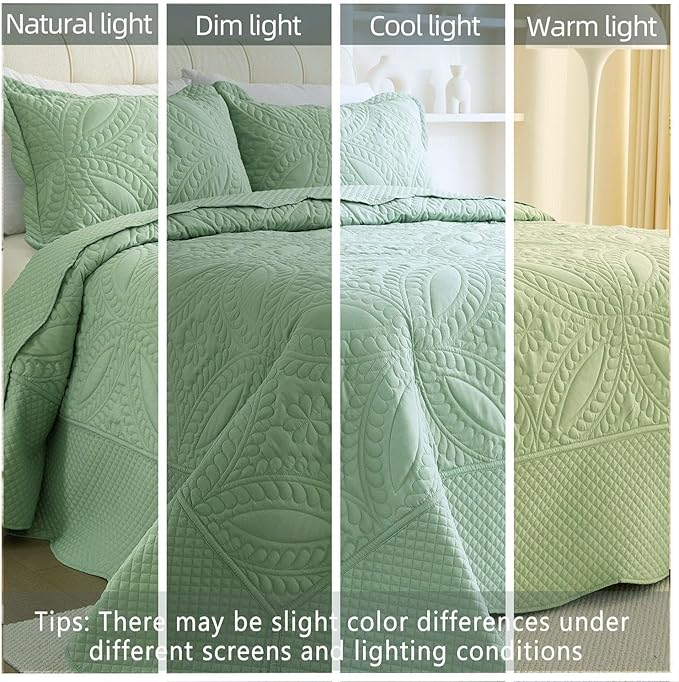 Cmfshape King Bedspread 106"x96",3 Piece King Quilt with 2 Shams,Lightweight Green Quilt Set for All Season,Modern Coin Pattern Bedding Set