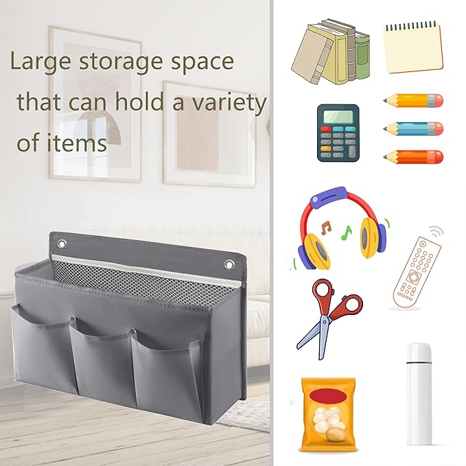 LASAMOLL 2-Pack Hanging Storage Baskets - Wall Organizer with 3 Pockets for Home/Dorm/Closet/Door, Multi-Purpose Space Saver for Office/Bathroom/Nursery - Foldable Fabric Organizer (Grey)