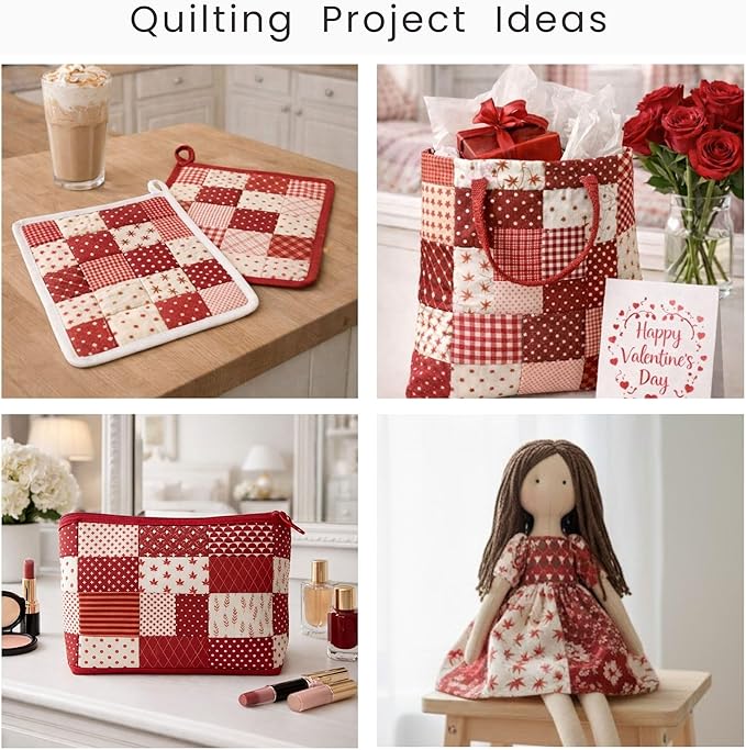 Cotton Satin Patchwork Fabric Panel – 35 Designs, 20×20 cm Squares, Single Piece 150×110 cm, Red Patchwork Quilt Fabric (Scarlet Love Patchwork Set, 35pcs 8x8 inch)