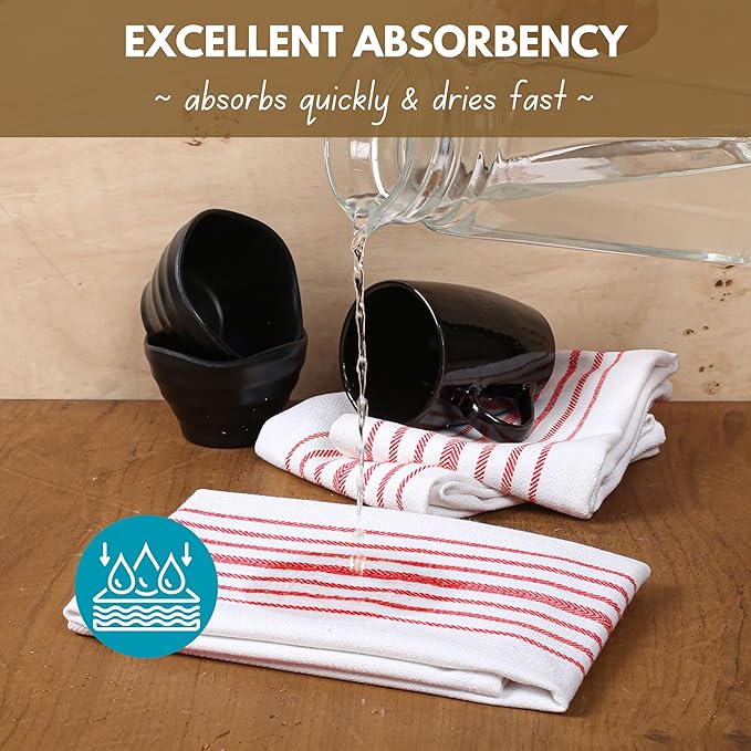 Native Fab 100% Cotton Kitchen Dish Towels 12 Pack Scandia Stripe 16"x26" - Herringbone Weave Tea Towels, Dish Cloths for Drying Dishes, Absorbent Towels Set with Hanging Loop - Red White