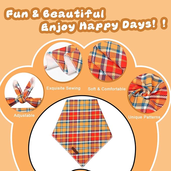UP URARA PUP Fall Dog Bandana – Orange Yellow Plaid Triangle Scarf for Small Medium Large Dogs, Soft Cotton Pet Bib for Autumn Thanksgiving, Adjustable Dog Kerchief for Daily Fall Wear