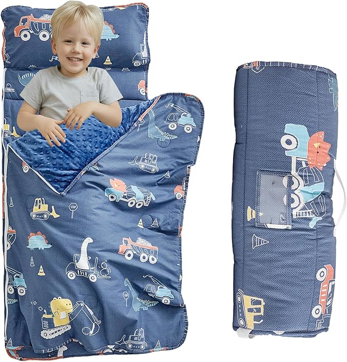 Cotton Toddler Nap Mat with Zipper,Detachable Minky Blanket and Removable Pillow,Soft Slumber Bags for Boys,Kids Sleeping Bag for Daycare Preschool Kindergarten,Dinosaur Navy Blue