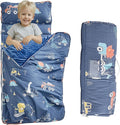 Cotton Toddler Nap Mat with Zipper,Detachable Minky Blanket and Removable Pillow,Soft Slumber Bags for Boys,Kids Sleeping Bag for Daycare Preschool Kindergarten,Dinosaur Navy Blue