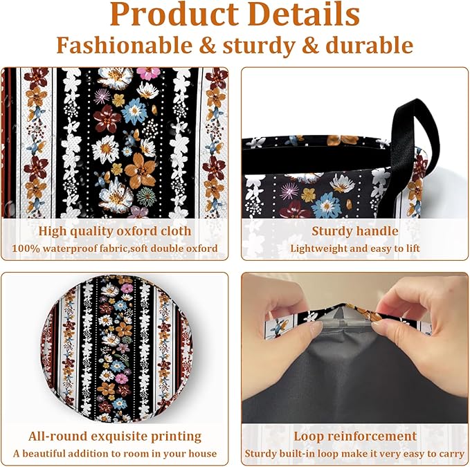 Boho Stripe Flowers Laundry Basket with Sturdy Handles, Colorful Flower Collapsible Oxford Cloth Laundry Hamper Organizer Basket for Bathroom Bedroom 15.7x20 Inch