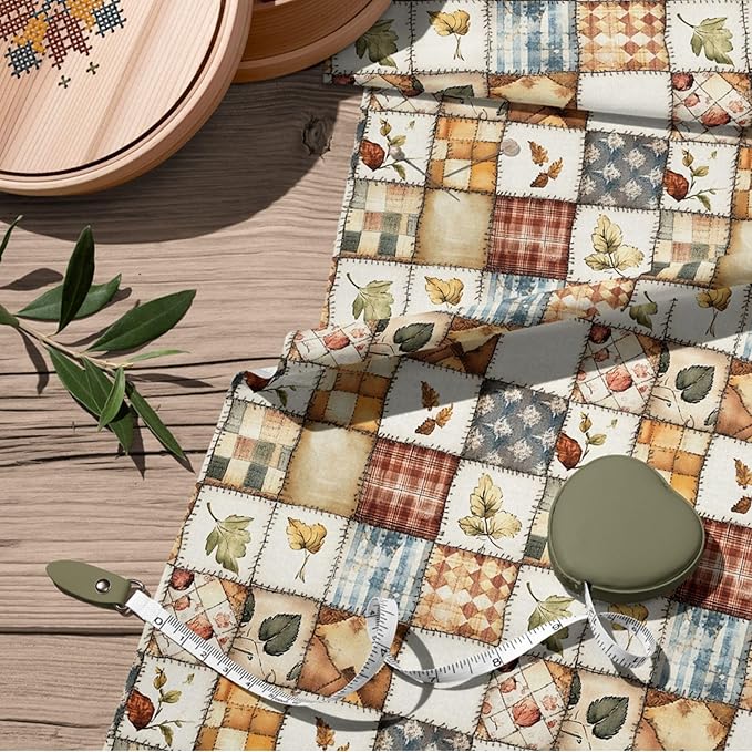 Patchwork Cotton Fabric Panel 61 x 36.6 Inches, Autumn Leaves Quilt Style Pattern, Rustic Brown Beige Blue Design, 100% Cotton 140 GSM