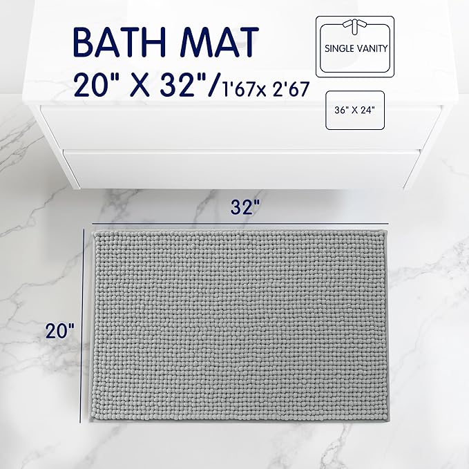 SUBRTEX Bathroom Rugs, 20" x 32" Chenille Bath Rug Soft Short Plush Bath Mat Soft Shower Mat Water Absorbent Shower Mat Quick Dry Machine Washable, Light Gray