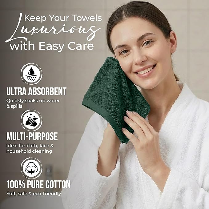 RIVERSIDE 24 Pack Washcloths Set - 100% Cotton [12x12 Inches] - 500 GSM, Soft, Quick-Dry & Highly Absorbent Face Towels - Perfect for Bathroom, Gym, Hotel, Spa & Travel - Hunter Green