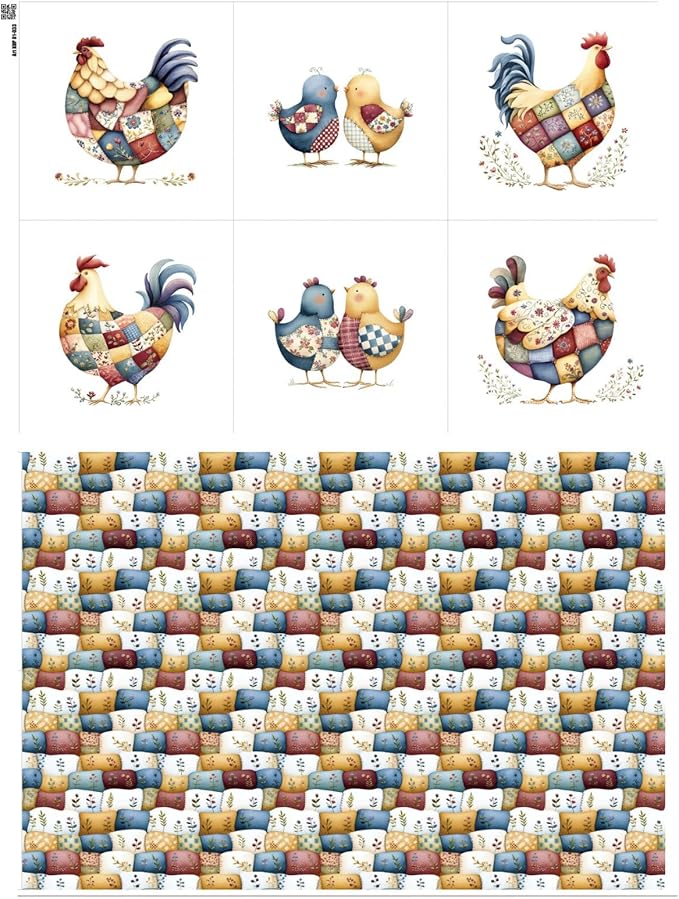 Farmhouse Chicken Patchwork Cotton Fabric Panel – 6 Designs (10×10 inch Each) + Bonus Patchwork Sheet 29.5×19.6 inch, 100% Cotton 140 GSM