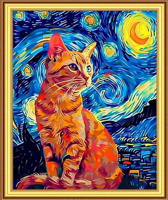 Foxnyart Stamped Cross Stitch Kits Full Range of Embroidery Needlework Starter Kits for Beginners Adults 11CT Embroidery Patterns Art Crafts DIY Needlepoint Kit-Van Gogh Starry Cat 16x20 inchs