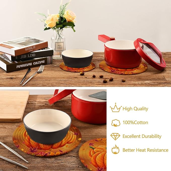 Boccsty Pumpkin Autumn Leaf Trivet Mat 2PCS Round Woven Potholders Kitchen Table Countertop Protector Hot Pads Farmhouse Coasters Counter Mats for Cooking Baking