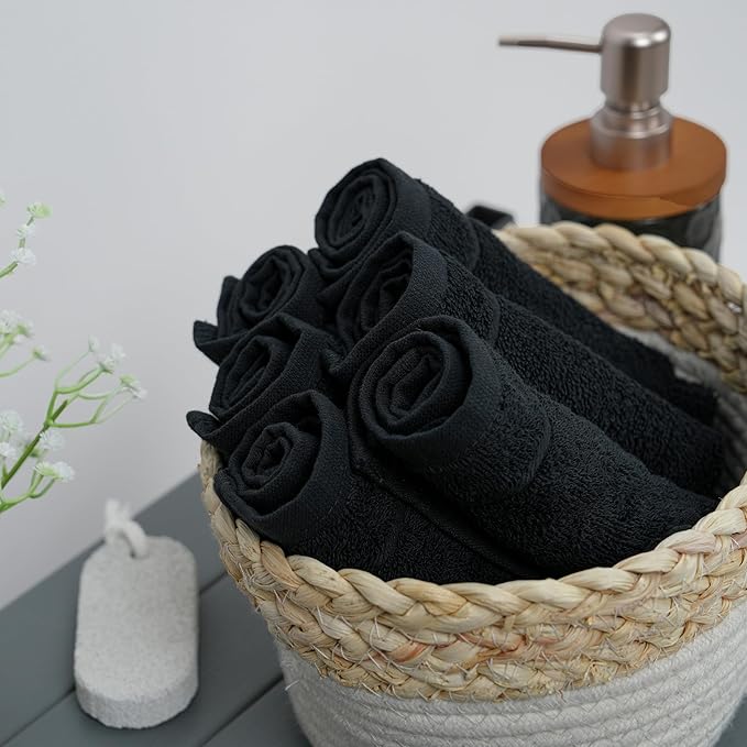 Tens Towels Pack of 60 Washcloths, 12 x 12 Inches, Lighter Weight, Quick to Dry, Super Soft & Absorbent, Gentle Face Towels, Hotel Quality, Perfect for Bathroom, Gym, Spa (Black, 60 Pack)