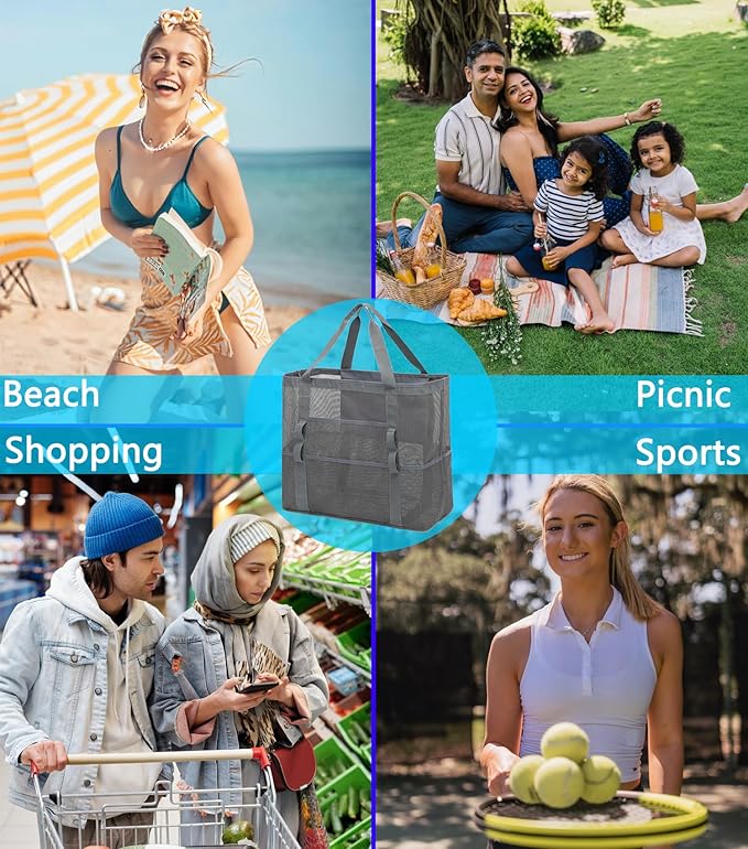 Fammart Mesh Beach Bag, Large Beach Tote with Zipper Pocket for Family Pool Bag for Toys & Vacation Essentials