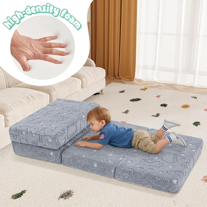 MeMoreCool Foldable Floor Mattress for Kids, Glow Dinosaur Trifold Mat, Kids Folding Mattress Portable Futon, Grey
