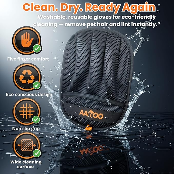 AAROO 2pcs Pet Hair Removal Glove for Cats & Dogs – Reusable Magic Brush – Five-Finger Electrostatic Pet Hair Remover Glove for Laundry, Couch, Carpet & Car Seat