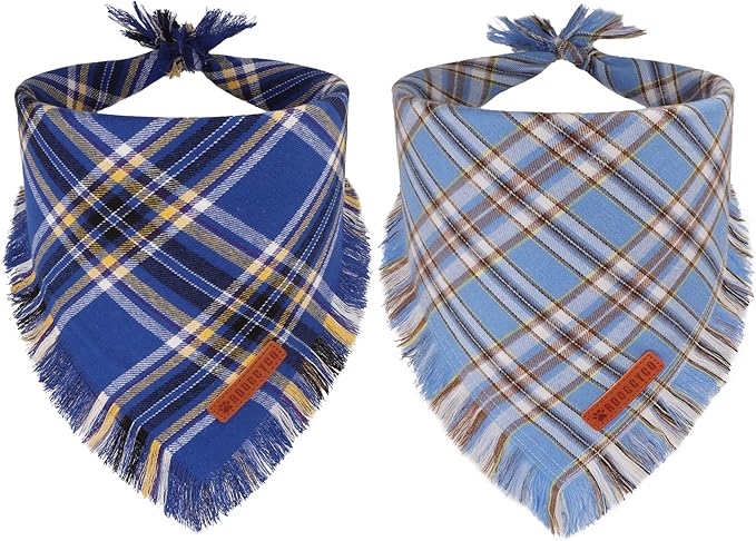 ADOGGYGO Dog Bandanas Boy with Tassels Edges, Stylish Blue Plaid Pet Scarf, Soft Cotton Fabric, Adjustable Reversible Plaid Bandanas for Medium Large Dogs (Large)