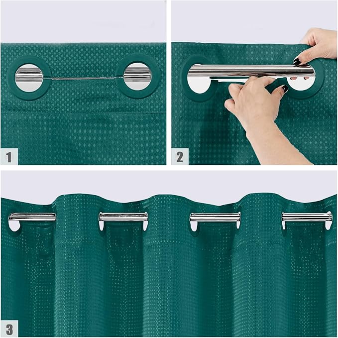 MitoVilla No Hooks Needed Extra Long Shower Curtain Liner Set, Green 86 inch XL Heavyweight Waffle Cloth Shower Curtains Set with Snap-in Liner for Modern Luxury Hotel & Spa Bathroom Decor