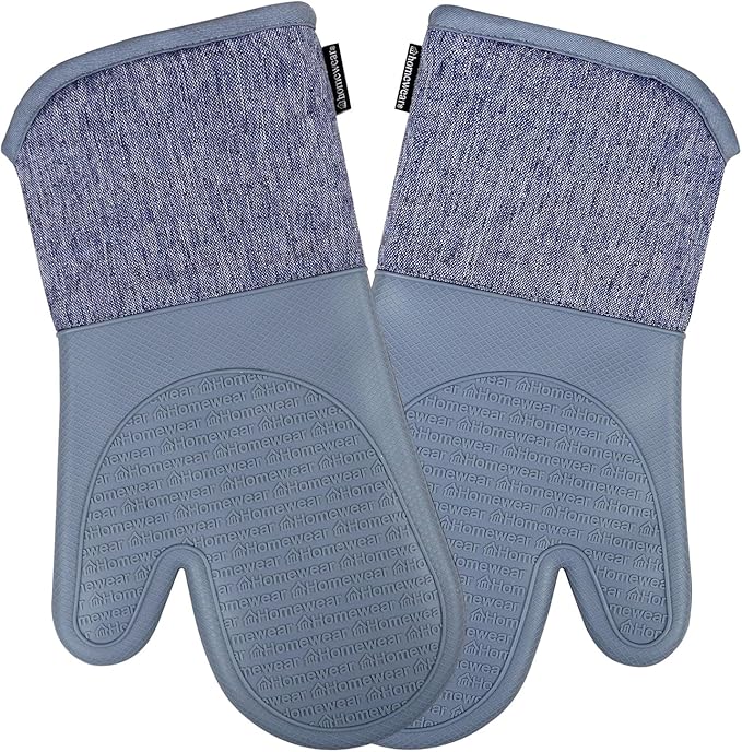 Homewear Marlow Silicone Extra Long Oven Mitt 2 Piece Set, Heat and Slip Resistant, Recycled Cotton with Soft Lining, Thick Kitchen Gloves for Cooking, Slate