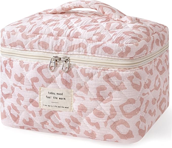 HBselect Christmas Gifts Large Quilted Makeup Bag, Cute Cotton Travel Makeup Bag with Handle, Portable Coquette Floral Make up Bags, Toiletry Organizer Make up Bags for Women Teen Girls Mom