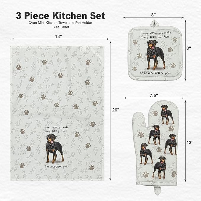 Rottweiler 3-Piece Kitchen Set -Oven Mitt, Pot Holder & Kitchen Towel Set, Heat Resistant up to 420 F, Soft Quilted Cotton for Cooking, Baking, BBQ, Pet Lover Gifts (Rottweiler)