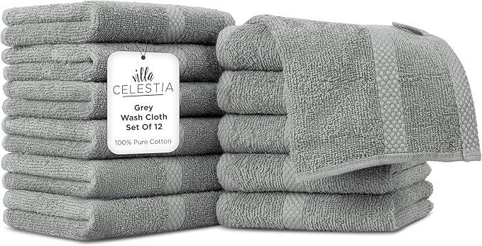 Villa Celestia 100% Cotton Wash Cloth for face & Body Set of 12, (12 x 12 inches) Sustainable, Soft, Highly Absorbent, Combed Cotton Wash Cloths Pack of 12 for Hotels, Spa, Bathroom, Dorm, Grey