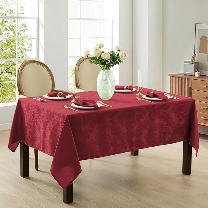 Newbridge Barcelona Damask Fabric Tablecloth, 52 x 70 Inch Rectangle, Burgundy – No Iron, Soil Resistant Table Cover for Dining, Parties and Holidays