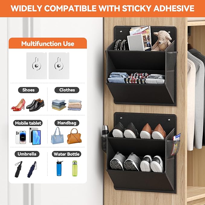 DEYILIAN 2 Pack RV Shoe Storage with Sticky Adhesive Tape, Over the Door Shoe Rack, Wall Hanging Shoe Organizer with Large Deep Pockets for Camper, Narrow Space Saving Closet Organizers Black