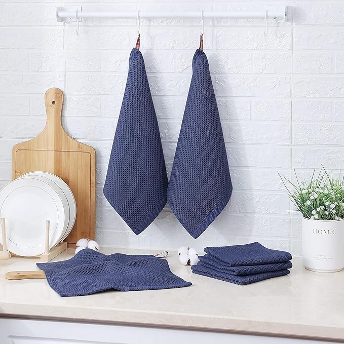 FreeNook 100% Cotton Waffle Weave Kitchen Towels, 6 Pack Dish Cloths for Washing Dishes, Ultra Soft Absorbent Dish Towels, Quick Drying Kitchen Rags, 12x12 Inches, Dark Blue