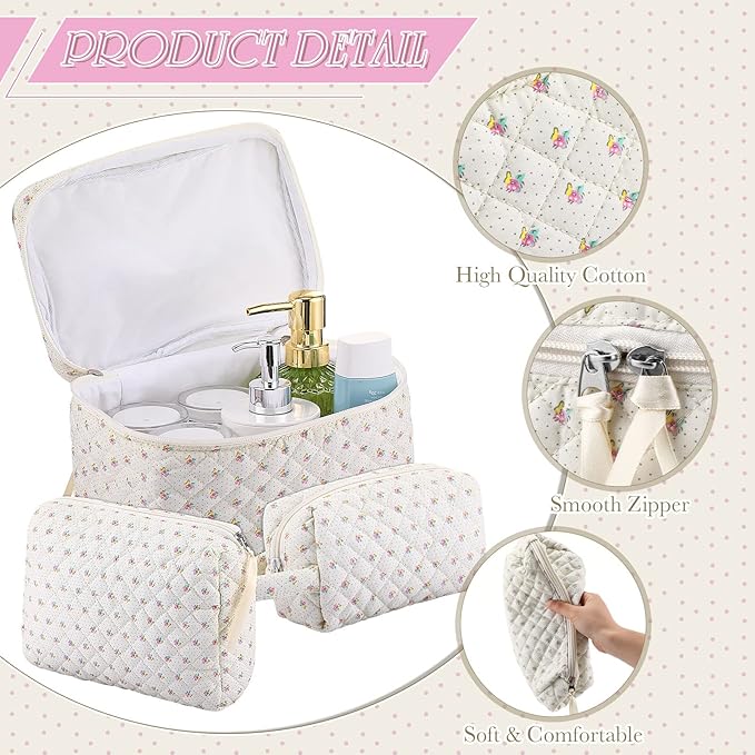 Paterr Makeup Bag Set 3 Pcs Large Quilted Cotton Make up Bags for Women Cosmetic Travel Toiletry Organizer Pouch Cute Aesthetic Storage Purse(White,Little Flower)
