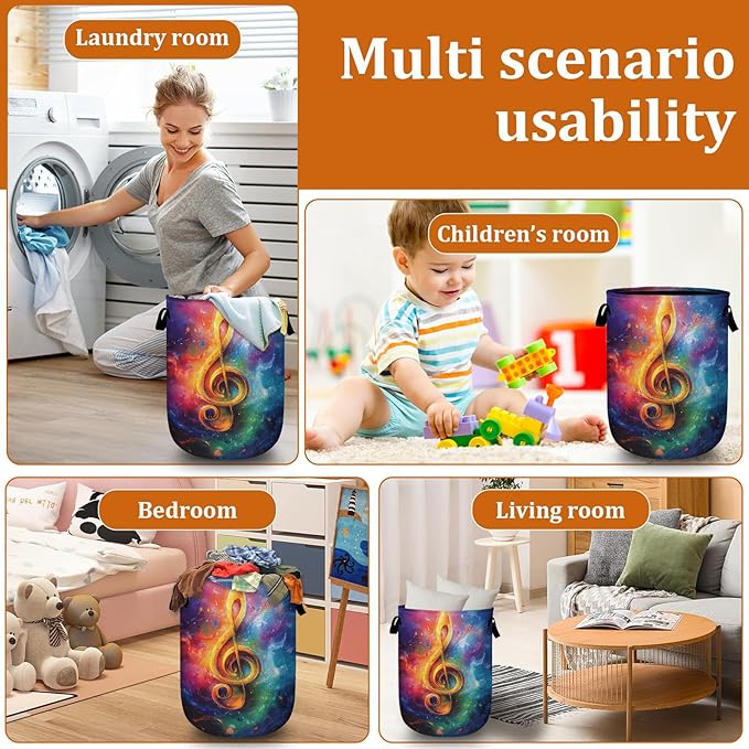 Watercolor Music Note Laundry Basket with Sturdy Handles, Collapsible Oxford Cloth Laundry Hamper Organizer Basket for Bathroom Bedroom 15.7x20 Inch