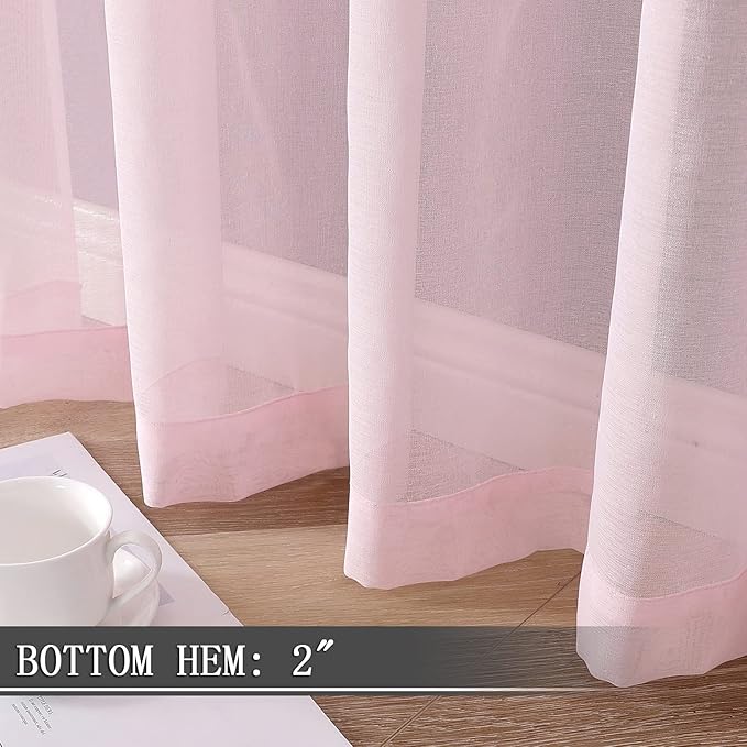 Tollpiz Sheer Curtains Linen Textured Living Room Curtain Sheers Light Filtering Rod Pocket Voile Curtains for Bedroom, 42 x 63 inches Long, Pink, Set of 2 Panels