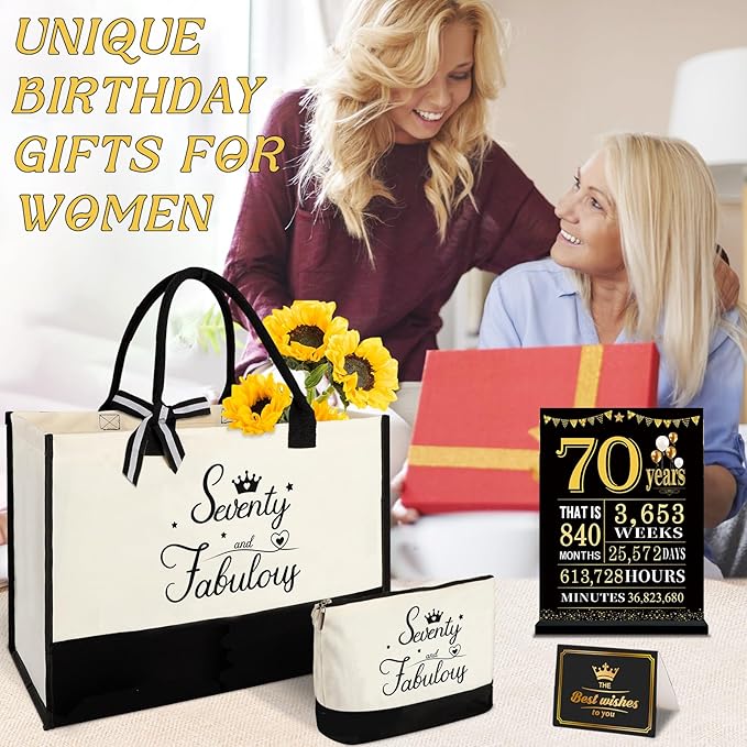 YeohJoy 70th Birthday Gifts for Women 70 and Fabulous Canvas Tote Bag Travel Gear, Unique 70 Years Old Gifts for Wife Sister Mom Aunt Friends Grandma Her, Handbag & Cosmetic Bag & 70 Birthday Poster