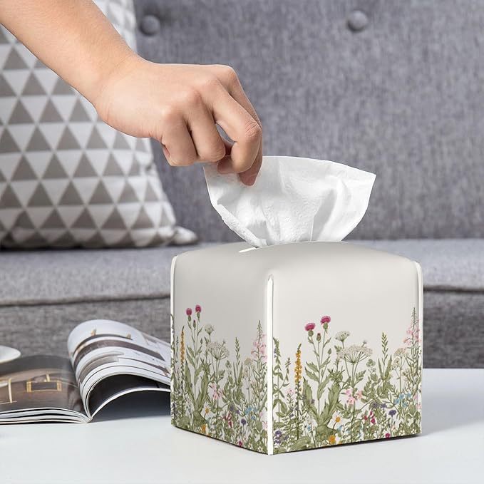 Tissue Box Cover Square, Herbs and Wild Flowers Leather Tissue Box Holder Decorative Organizer for Bathroom, Home Office Car Decor
