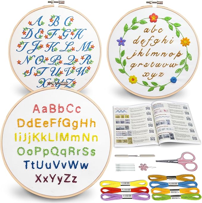 Bradove 3 Sets Alphabet Letter Practice Embroidery Kit for Beginners Adults Kids, Learn to Embroider Kit Adult Beginners