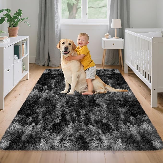 4x6 Dark Grey and Black Fluffy Rug for Bedroom Living Room Soft Fuzzy Large Shag Carpet Furry Plush Big Area Rug Indoor Kids Play Mat for Girls Boys Room Dorm Nursery Home, Tie Dye