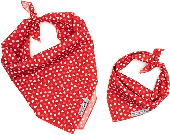 THE WORTHY DOG Classic Tie-On Dog Bandana – Soft Cotton Flannel Square Pet Bandana, Cupid Pattern, Red, Large