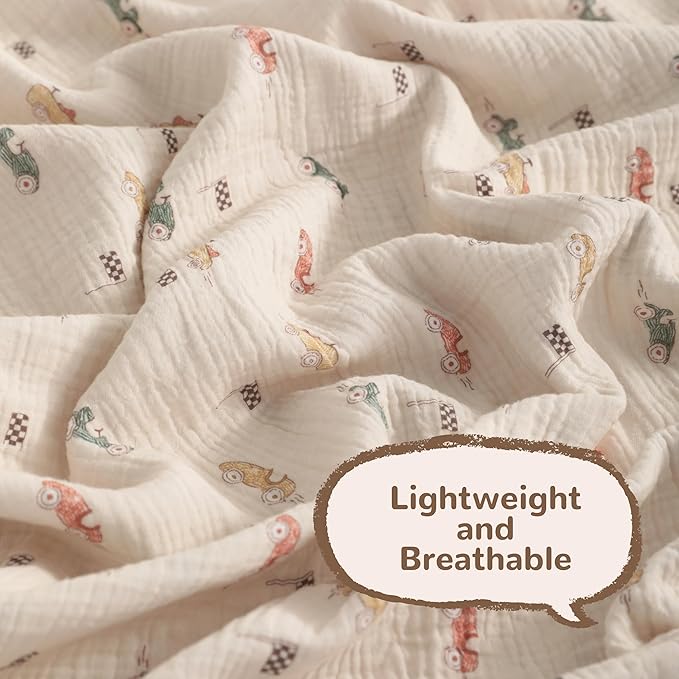NTBAY 2 Layer Muslin Cotton Baby Swaddle Blanket, 30x40 Soft and Breathable Receiving for Newborns and Infants, Perfect for Crib, Stroller, Travel, Lightweight Nursery Blanket, Retro Race Car